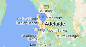 Adelaide, Australia map highlighting locations of denture clinics within the city.